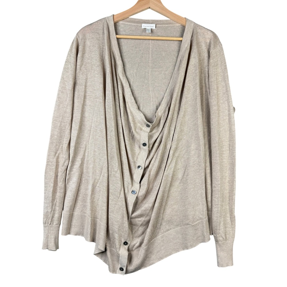 Garnet Hill 100% Linen Drape Neck Cardigan Sweater Beige Tan Medium
